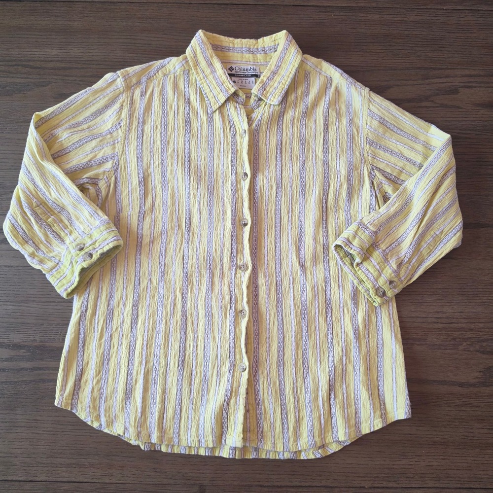 Columbia Sportswear Womens Large Yellow Striped 3/4 Sleeve Button Down Shirt
